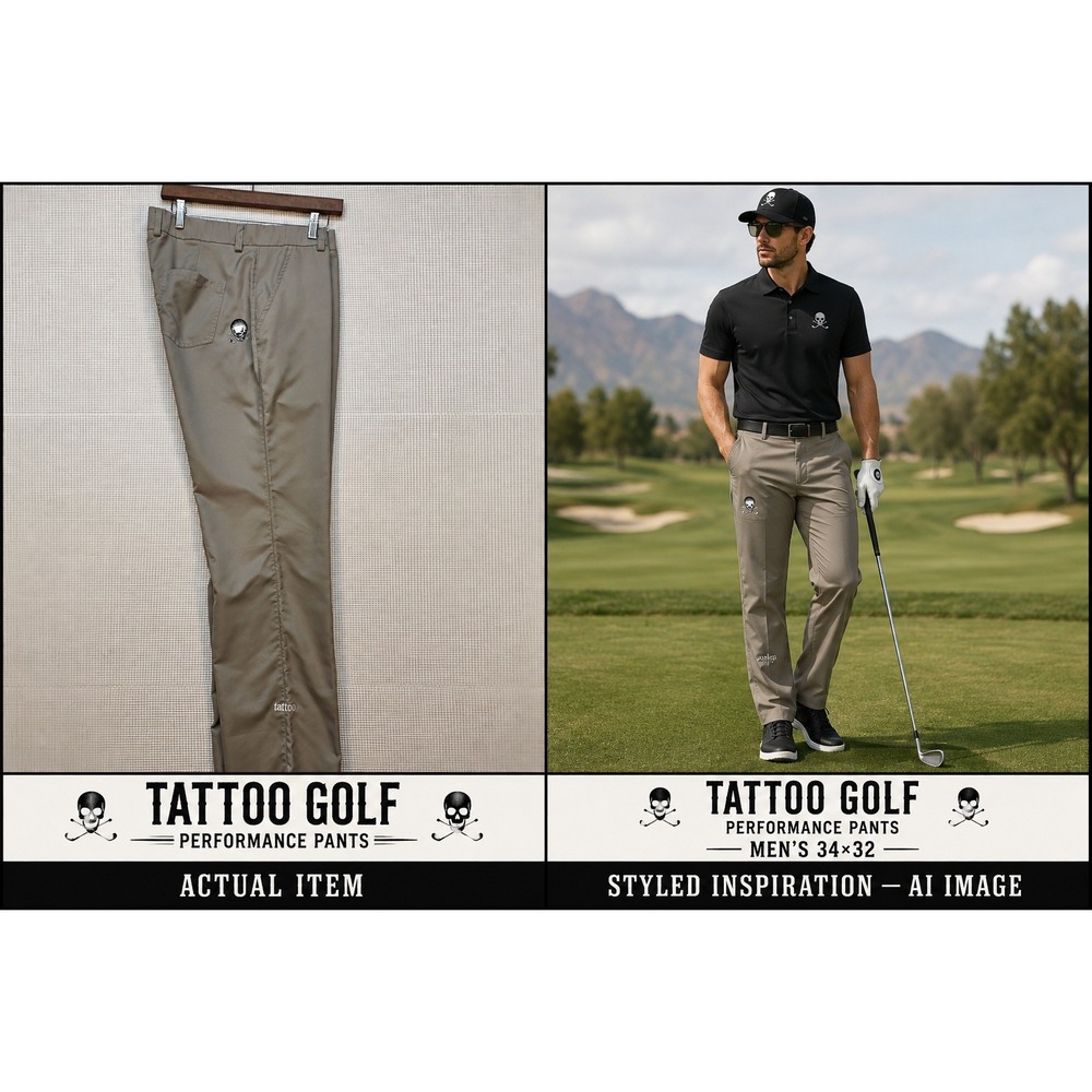 Tattoo Golf Performance Men's Pants 34x32 Khaki Tan Skull & Clubs Embroidered